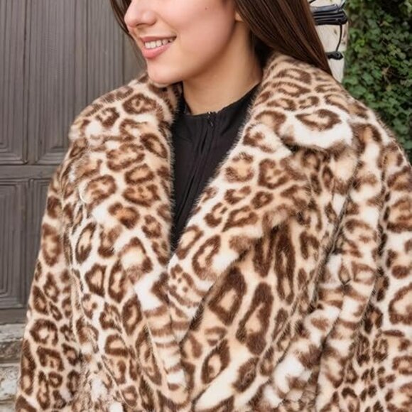 Luxury Women Leopard Faux Fur Overcoat Warm Jacket with Pockets - Picture 3 of 7